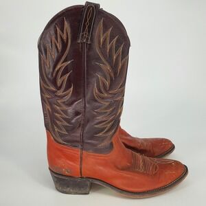 Acme Mens Cowboy Western Boots Leather Two Tone Stitch Detail Size 9D Rustic